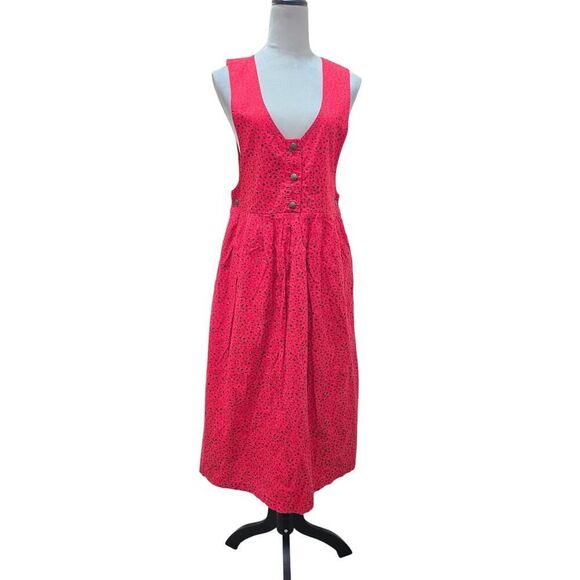 IDERS Vintage 90s Red Floral Midi Dress Size 9/10 Snap Buttons & Pockets - Picture 1 of 9